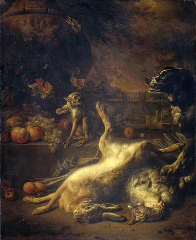 死んだジビエと果物を持った猿と犬 作： Jan Baptist Weenix