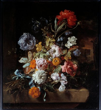 石のベンチに置かれた花束 ヤン・ウィーニクス（1640-1719）の絵画 1694年 日0.74x0.67 m リヨン、ボザール美術館（Musee des Beaux Arts 作： Jan Baptist Weenix