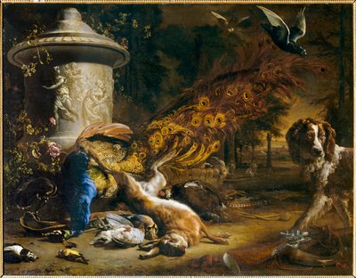 孔雀と犬の静物画、または狩りの産物。1696 ... 作： ヤン・ウィーニックス