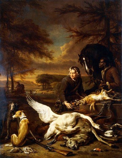 狩人の召使いと湾を抱えた黒いページの狩りの戦利品、1700 作： Jan Baptist Weenix