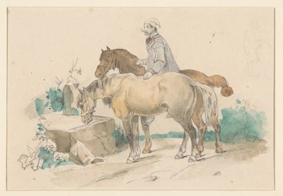 水とトラフの近くに 2 頭の馬を持つ農夫 作： Jan Weissenbruch