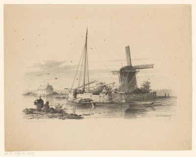 泥炭船と帆船のある運河の眺め 作： Jan Weissenbruch