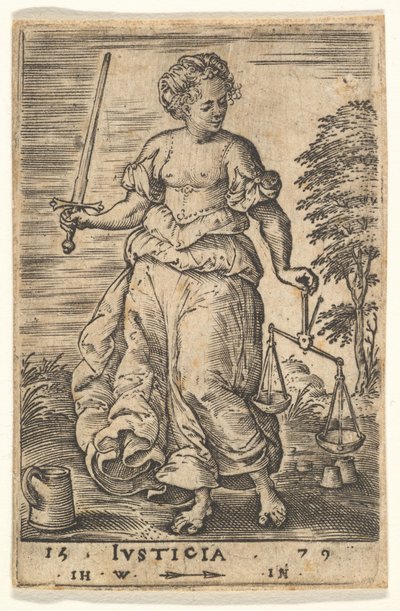 正義、左手に天秤、右手に剣を持った寓話的な人物., 1579. 作： Jan Wierix