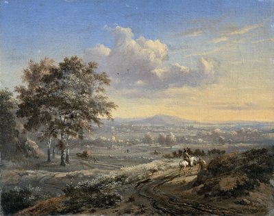 田舎道にライダーがいる丘陵の風景 作： Jan Wijnants