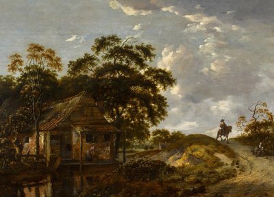 川辺のコテージと鍋をあさる女性、小道を行く馬上の紳士のいる風景 作： Jan Wijnants
