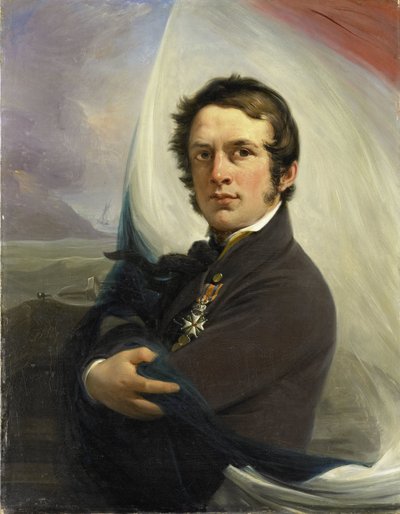 1831 年 3 月 18 日、敵の砲火の下でオランダの旗を救ったヤコブ ホーベインの肖像 作： Jan Willem Pieneman (signed by artist)