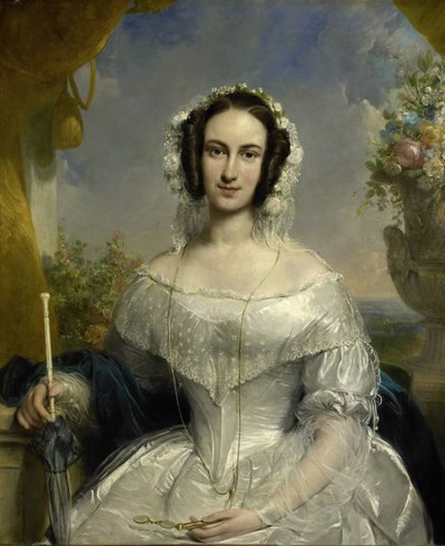 アガサ・ペトロネラ・ハルツェン (1814-78)。 1841 年 3 月 17 日、ヤン ファン デル フープとの結婚の際のブライダル トイレで 作： Jan Willem Pieneman