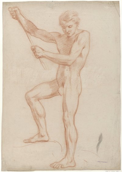 立っている男性のヌード、上げられた腕に棒を保持 作： Jan Willem Pieneman