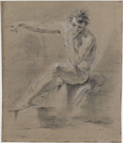 座っている男性の裸体、左向き、腕を後ろに向けている 作： Jan Willem Pieneman