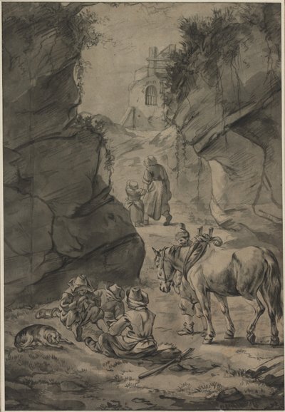 岩の多い風景の中の農民、2番目に3番目の1600年代。 作： Jan Wouwerman