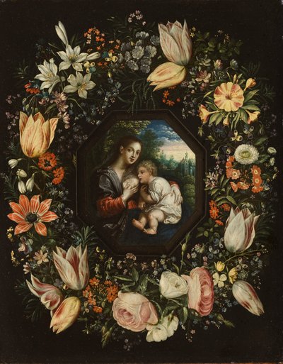 花のガーランドのマドンナと子供、c.1625（銅に油彩） 作： Jan and Balen, Hendrik van Brueghel