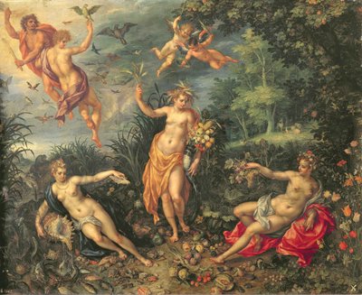 存在量と4つの要素、1606年頃（銅に油彩） 作： Jan and Clerk, H. Brueghel