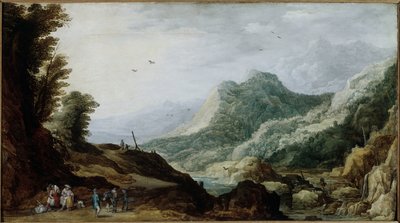 道端に農民の家族がいる山の風景（絵画、1620年頃～1630年頃 作： Jan and Momper Joos de  Brueghel