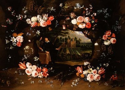 アントワープの財産の前でニコラ・デ・マンを表すメダリオンを囲む花のガーランド、1653 作： Jan and Uden Brueghel
