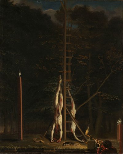 デ・ウィット兄弟の死体 デ・ウィット兄弟、ヤンとコーネリスの死体、1672年、ハーグのヴァイフェルベルグのグルーネ・ズージェにぶら下がっている 作： Jan de Baen (attributed to)