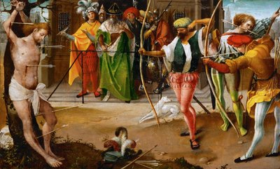 聖セバスチャンの殉教 - ヤン・デ・ベア（1475年頃～1528年）。木に油彩、1510年頃。寸法：25.5x41.5 cm。美術史博物館、ヴィエンヌ 作： Jan de Beer