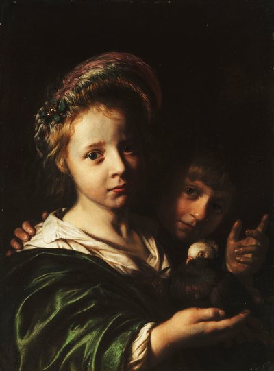 鳩を抱く少女と身振りで示す少年、1652年 作： Jan de Bray