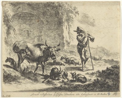 廃墟の近くで杖で休む羊飼い 羊飼いと牛のいる風景（シリーズタイトル） 作： Jan de Visscher