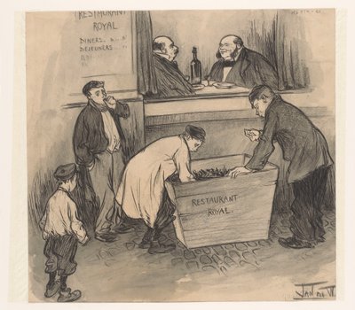 レストラン ロイヤルの前 - ハーグ、1896 年 2 月 (オブジェクトのタイトル) 作： Jan de Waardt (signed by artist)