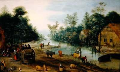 旅人が宿に到着した夏の木立の川の風景（油彩・パネル） 作： Jan the Elder (circle of) Brueghel