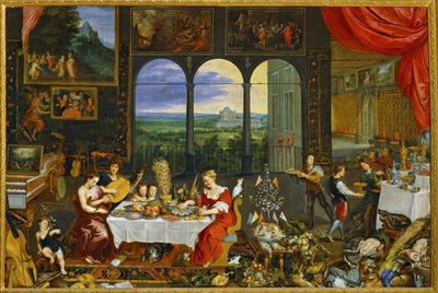 味覚、聴覚、触覚のアレゴリー...（キャンバスに描かれた絵） 作： Jan the Elder Brueghel