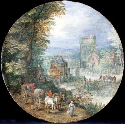 町、工場、農民のいる広大な森の風景 作： Jan the Elder Brueghel