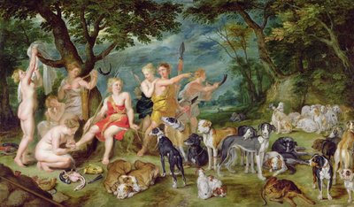 ダイアナと彼女のニンフは狩りに向けて出発する準備をしています 作： Jan the Elder Brueghel