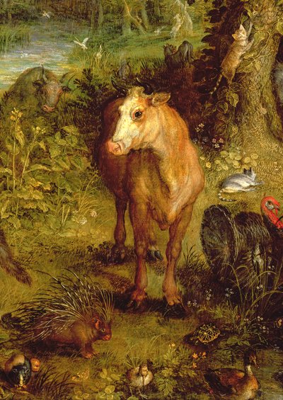 アースまたはザアースリーパラダイス、牛、ヤマアラシおよび他の動物のディテール、1607-08銅のディテール93899 作： Jan the Elder Brueghel