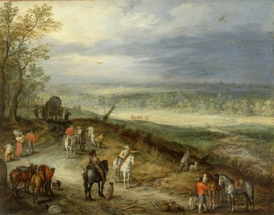 国道を行く旅人のいる広大な風景》1608-10年頃（油彩・銅板） 作： Jan the Elder Brueghel