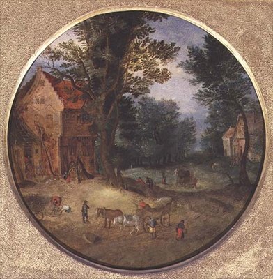 フランドル地方の荷車と人物のいる風景（とんど、パネル 作： Jan the Elder Brueghel