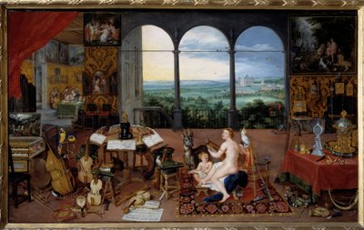 聴覚。五感のアレゴリー ヤン・I・ブリューゲルの絵画 Dit De Velours (1568-1625) Ec.Flam 作： Jan the Elder Brueghel
