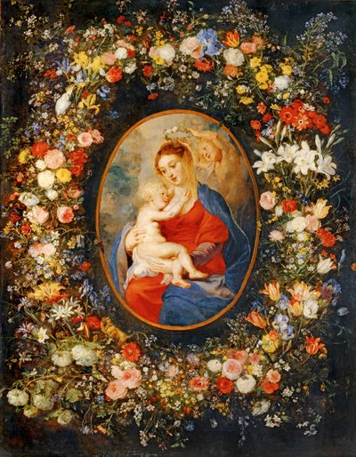 花輪の中に聖母、幼子イエス、天使。ルーベンスのメダイ... 作： Jan the Elder Brueghel