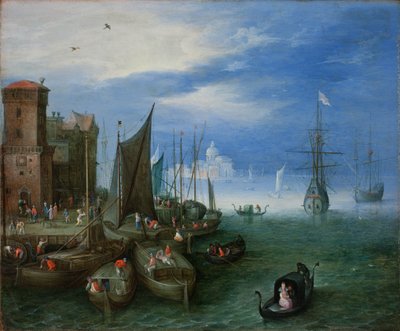 ヴェネツィアの港の風景（銅に油彩） 作： Jan the Elder Brueghel