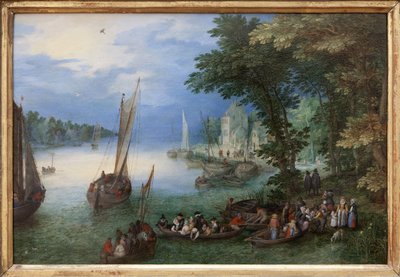 川のシーンまたはバーケージ、ヤン・ブリューゲルによる銅の油絵、dit Brueghel de Velours (1568-1625)、1605年頃。寸法: 24 x 36 cm。 写真、キム・ヨンテ、ナント、ナント美術館。 作： Jan the Elder Brueghel