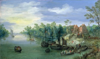 突堤近くのリバークラフト、1597 作： Jan the Elder Brueghel