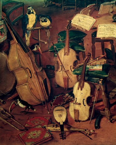 五感のアレゴリー（絵画）の弦とオウムの細部 作： Jan the Elder Brueghel