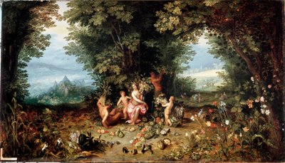 4つの要素。"The Earth" アレゴリー。果物、野菜、花、動物（モルモット（ハムスター）を含む）がいる地上の楽園の眺め ヤン・ブリューゲルの絵画 Le Vieux calls Bruegel de Velvet（ブリューゲルまたはブリューゲル 作： Jan the Elder Brueghel