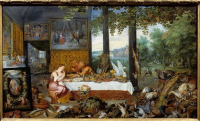 味覚のこと。五感のアレゴリー ヤン・I・ブリューゲル Dit De Velours（1568-1625）の絵画 Ec.フラム 作： Jan the Elder Brueghel