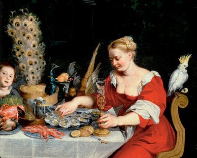 牡蠣を食べる女性（「四大元素のアレゴリー」より）。 作： Jan the Elder Brueghel