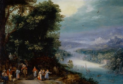 道路のある樹木が茂った川の渓谷、1602年頃 作： Jan the Elder Brueghel