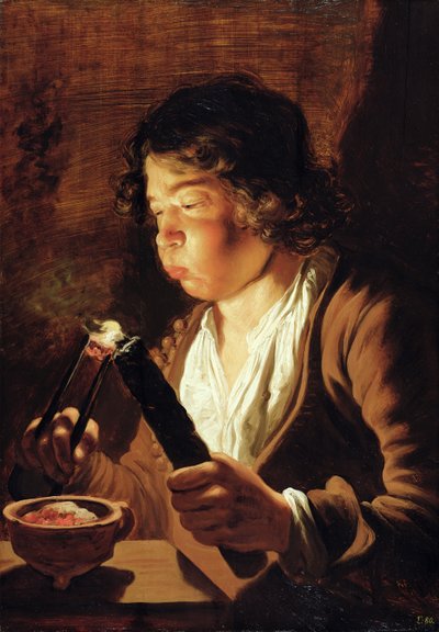 火と子供時代：火のトングとトーチを持つ少年、1623-25 作： Jan the Elder Lievens
