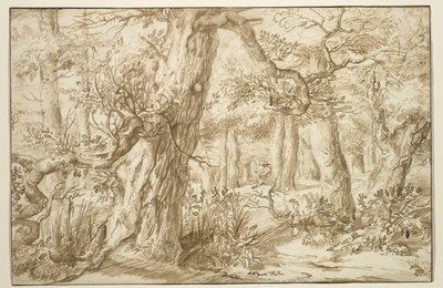ドラフツマンのいる森のインテリア、c.1664（アンティークの紙に茶色のインク） 作： Jan the Elder Lievens