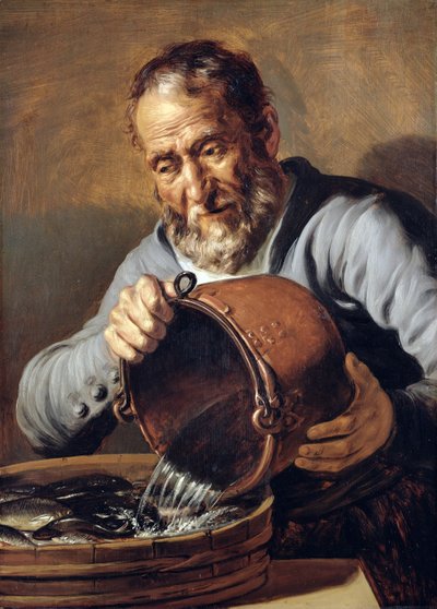 水と老齢：魚のバケツと桶のある魚屋、1623-5 作： Jan the Elder Lievens