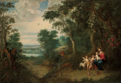 聖母子、洗礼者聖ヨハネ、天使のいる森の風景 作： Jan Brueghel the Younger