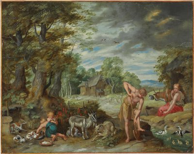 アダムとイブの物語から、フィールドで働いているアダム 作： Jan Brueghel the Younger