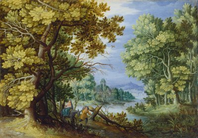 森の風景とエジプトへの逃避》1620-50年頃（銅に油彩） 作： Jan the Younger Brueghel