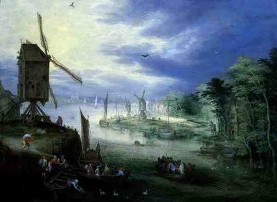 風車のある川の風景（油彩・パネル 作： Jan the Younger Brueghel