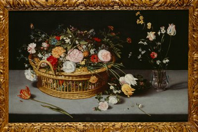 バスケットと花瓶のある静物（キャンバスに油彩） 作： Jan the Younger Brueghel