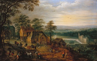 フィギュアとカートのある村の通り、堀を背景にした城 作： Jan Brueghel the Younger