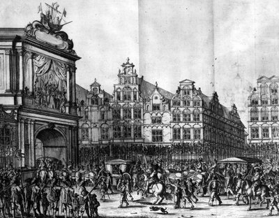 1638年にサロモンサヴェリーによって彫刻された、カスパーバルレウスの「メディセアホスペス」からのアムステルダムを通るマリードメディチの行列 作： Jan the Younger Martsen
